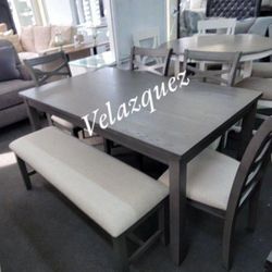 🎁🎁 Mothers day special **6pc gray finish wood dining table set, padded seat chairs and bench**