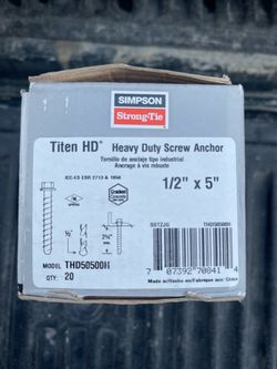 Brand new in box Simpson strong-tie 1/2” x 5” concrete screw anchors 20 pack