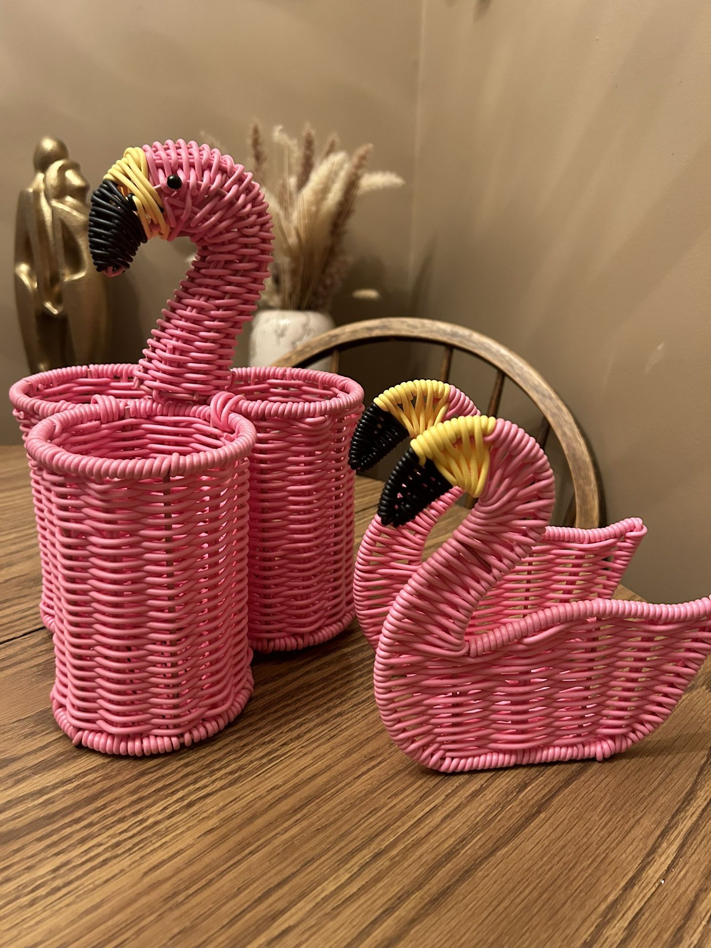 Pink flamingo - wicker utensil basket and napkin / plate holder Picnic party beach tropical decor
