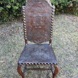 Antique Carved Walnut Embossed Leather Throne Chair 