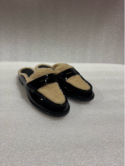 Paige Women’s Black Patent Faux Shearling Lined Mule Loafers Size 8