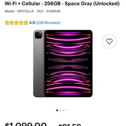 Apple - 11-Inch iPad Pro (4th Generation) M2 chip Wi-Fi + Cellular - 256GB - Space Gray (Unlocked