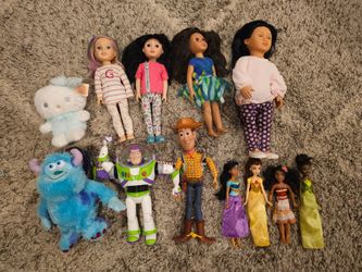 Disney Woody, Buzz, Sully, Barbie princesses, Our Generation Dolls, Hello Kitty
