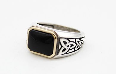 EFFY Men's 925 Sterling Silver 14K Yellow Gold Black Onyx Ring Size 10