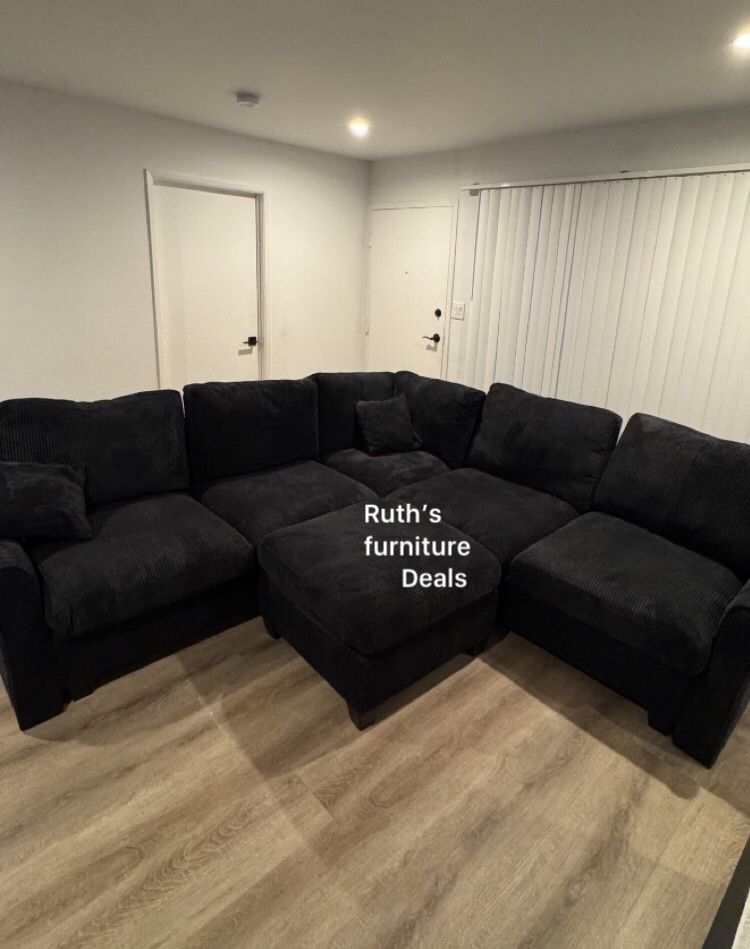 4-pc Sectional Sofa With Ottoman Black Corduroy Brand New