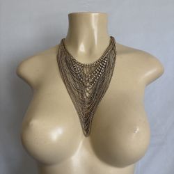 Vintage Renaissance medieval Cleopatra, revival multi layered gold necklace with rhinestones