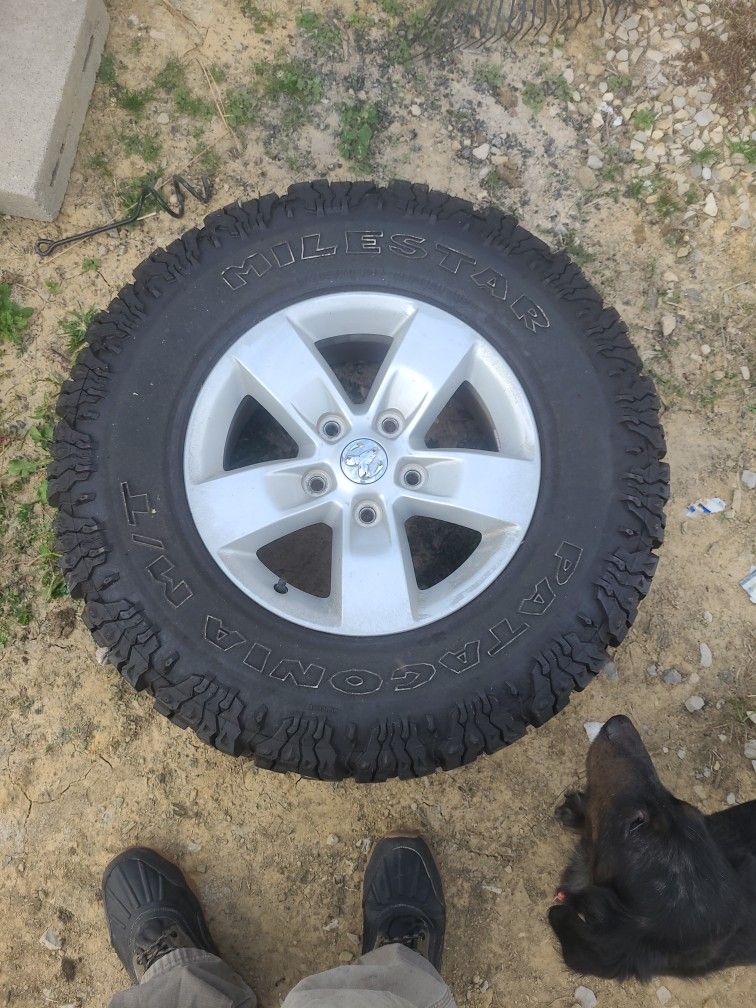 NICE BARELY USED DODGE FACTORY RIMS WITH MT TIRES