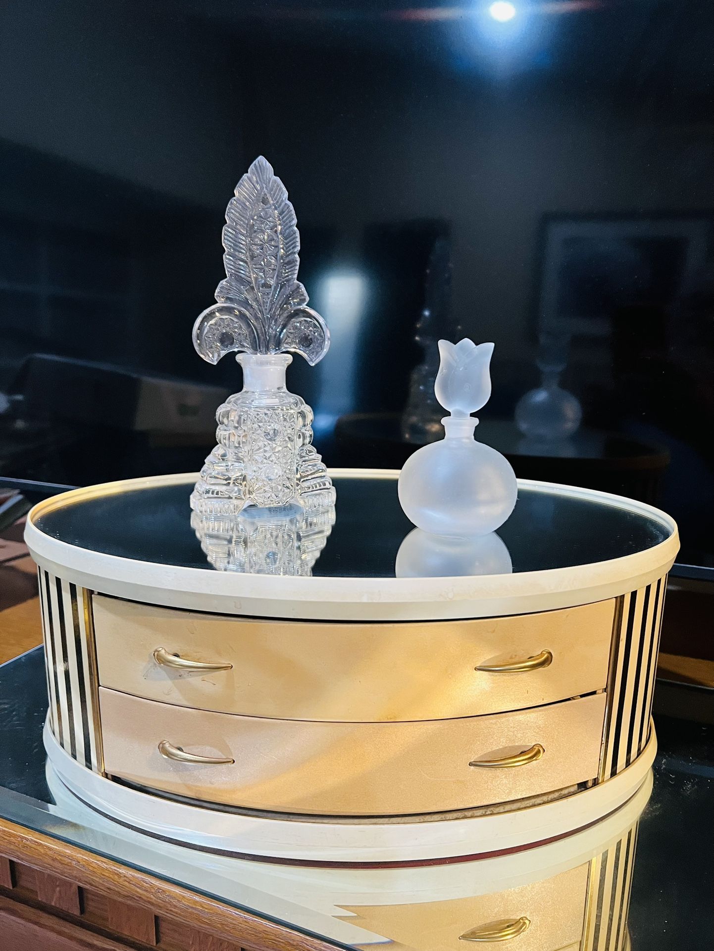 MCM Art Deco,, mirror top Jewelry Box With Two Drawers