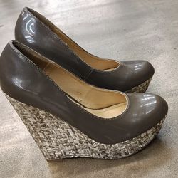 Steve Madden Wedge Cork Heel Patent Leather Slip On Shoes Grey Brown