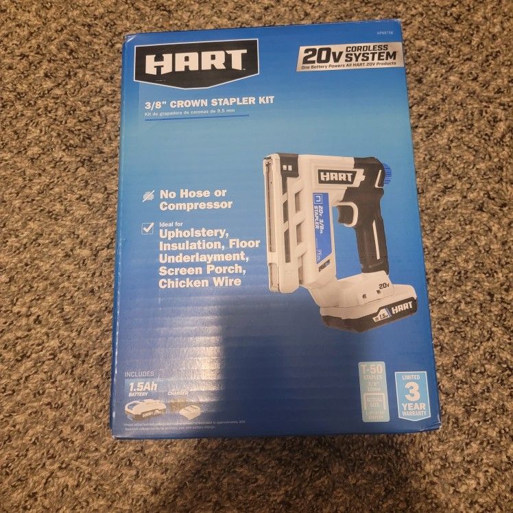 HART 20-Volt 3/8 Inch Crown Staple Gun Kit (1) 20-Volt 1.5Ah Lithium-Ion Battery

