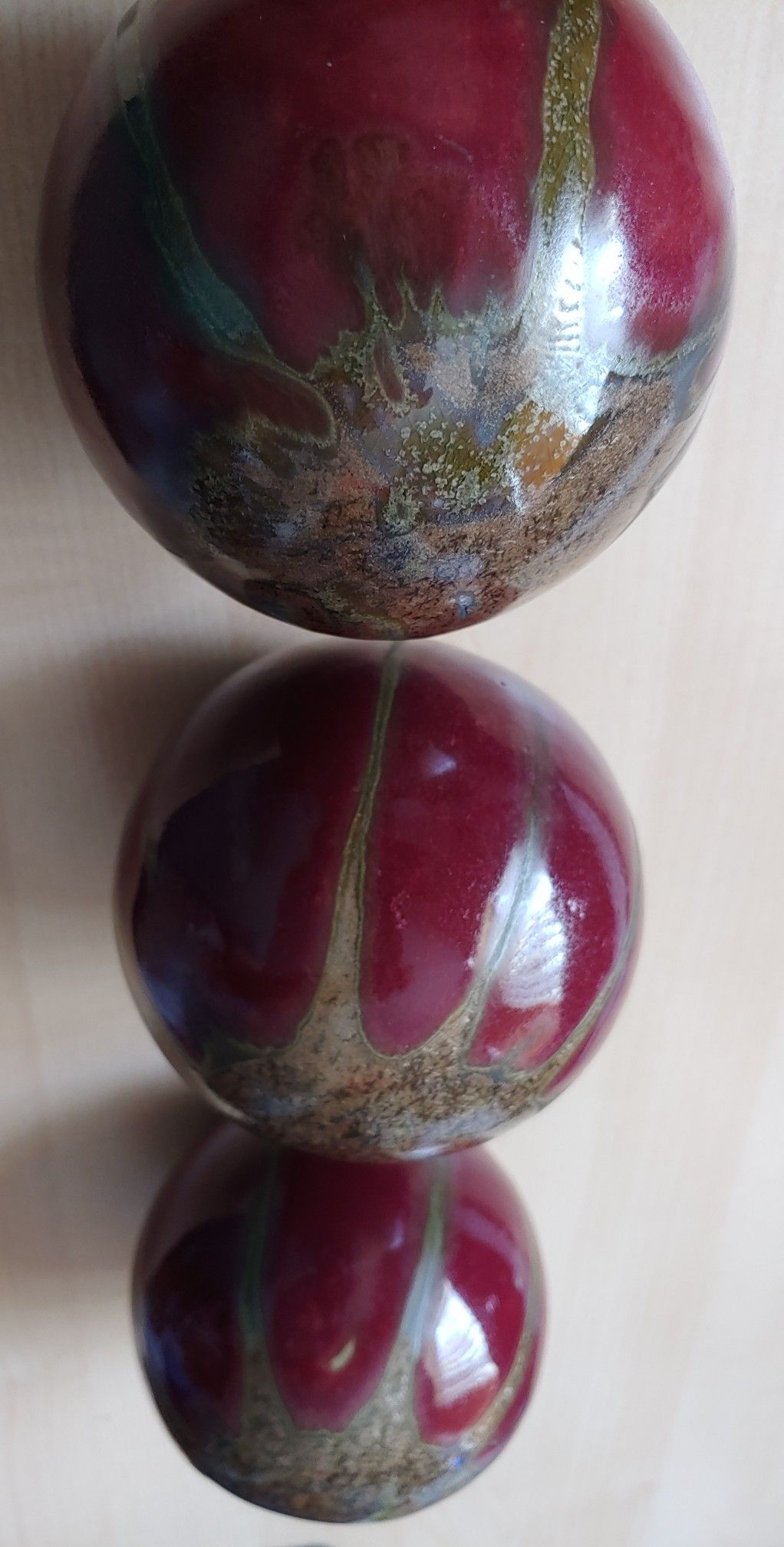 MCM Space Age Ceramic Orbs Set of 3 Glazed Red Green Crackle Drip Rare Table Sculpture Spheres Globes Vintage 60s 70s Glossy Mid Century Set