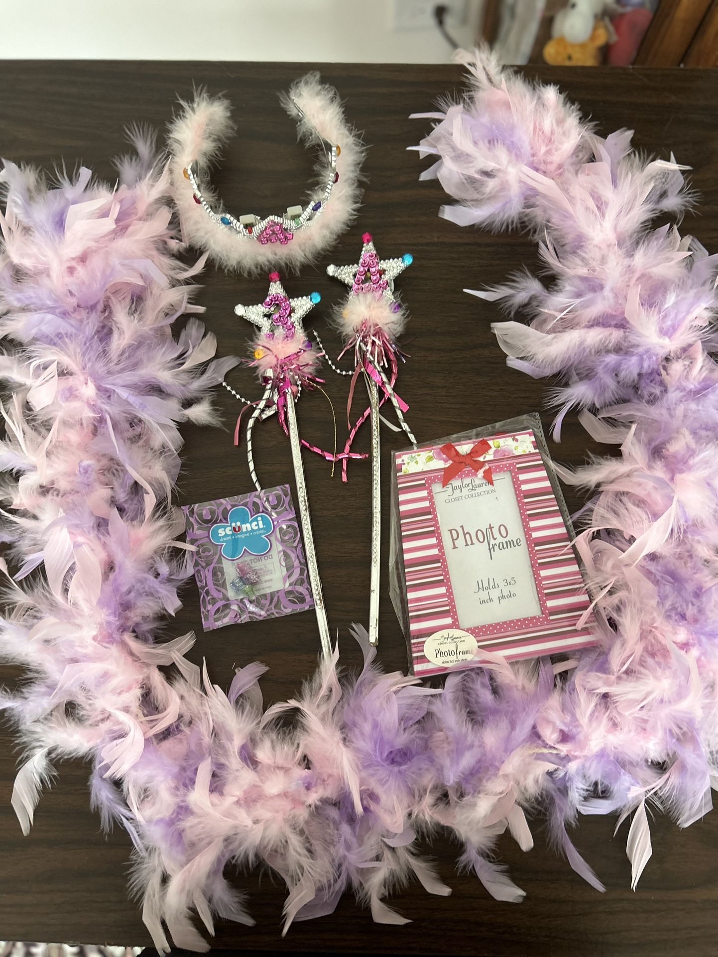 Pink Birthday Tiara, Wands, Feather Dress Up Scarf, Photo Frame, And Barrettes