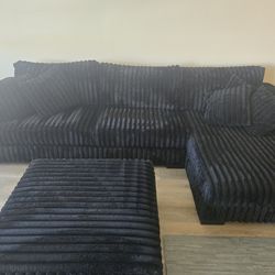 Black Plush Sectional Sofa Chaise Ottoman Set - Available until 3/26