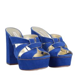 Casadei Blue Suede Platform Heels with Gold Accents