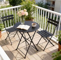 3-Piece Black Folding Bistro Set, Weather-Resistant Metal Patio Table and 2 Chairs