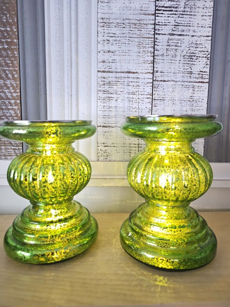$45.00 - (2) Iluminated Mercury Glass Pedestal Candleholders, Batteries Included!  From QVC, Valerie Parr-Hill/"Like New" Condition!