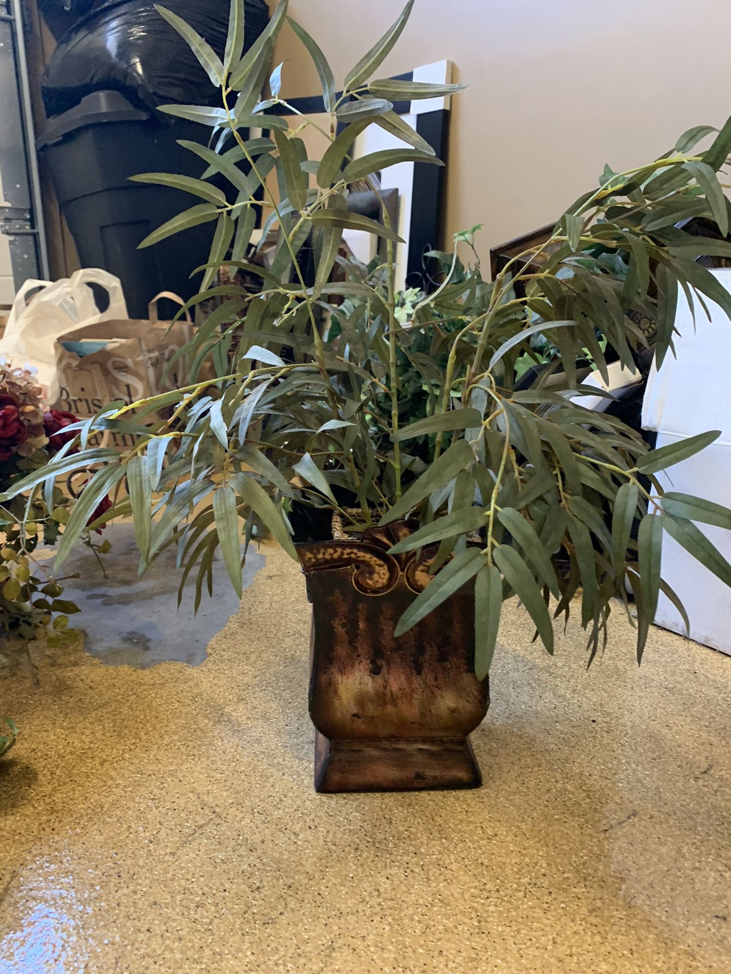 Fake Plant with Brown Metal Vase