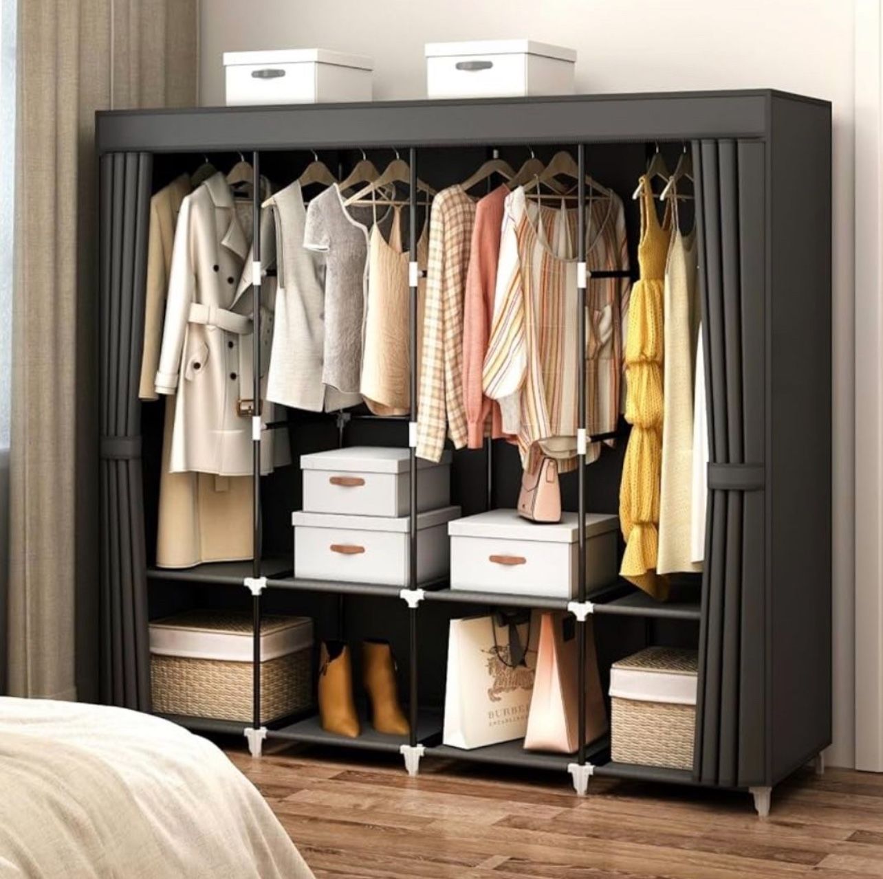 67" Large Portable Closet Wardrobe with Non-Woven Fabric Cover Black Clothes Storage Organizer Rack