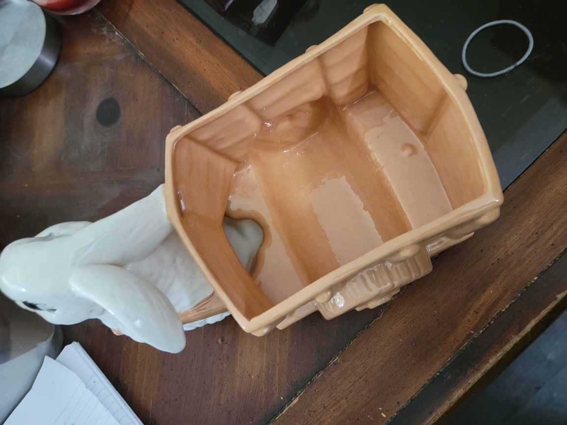 Ceramic Easter Bunny Rabbit Pulling A Cart With A Baby Chick