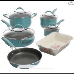 The Pioneer Woman Frontier Speckle Aluminum 10-Piece Cookware Set, Turquoise   The Pioneer Woman Frontier Speckle Teal Cookware Set:  Includes: 1.5-qt