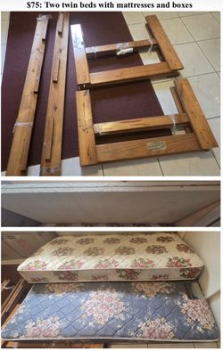 Two twin beds with mattresses and boxes