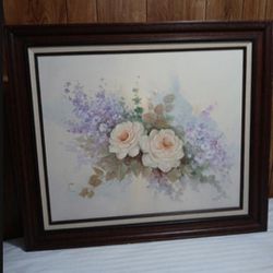 SIGNED HEDY OIL PAINTING - WHITE ROSES AND VIOLETS 29"×25"