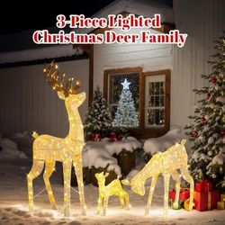 3-Piece Lighted Christmas Golden Reindeer Family Set, 5FT 
