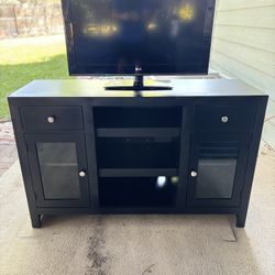 Large Modern Black TV Stand — Media Console w/ Storage & Glass Doors