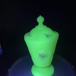 Fenton Covered Candy Dish Uranium Glow Hand Painted Signed Custard Pedestal