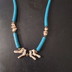 Vintage Turquoise Shell Silver Heishi Fetish Necklace 