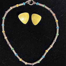 Fun, Choker Necklace, And Earrings Set. Gently Used. Pierced Earrings. Scented With Silver, Green, Yellow, Blue, Brown,