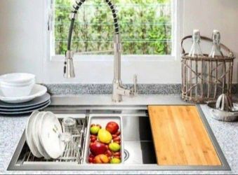 Akdy All-In-One 33" X 22" X 9" Top-Mount Single Bowl Stainless Steel Kitchen Sink With Spring Faucet, Workstation, And Strainer
