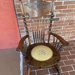 Vintage Oak Rocking Chair.  Fabric Needlepoint Seat