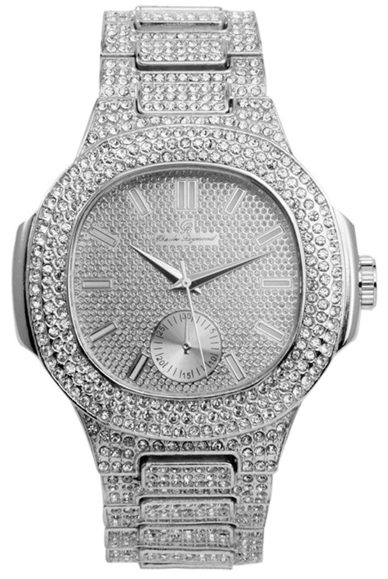 Bling-ed Out Oblong Case Metal Mens Watch w/Matching Bracelet Gift Set - 8475B - Silver