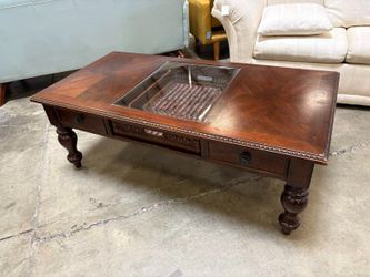Cherry Finished Coffee Table with Rattan Basket and Trinket Window