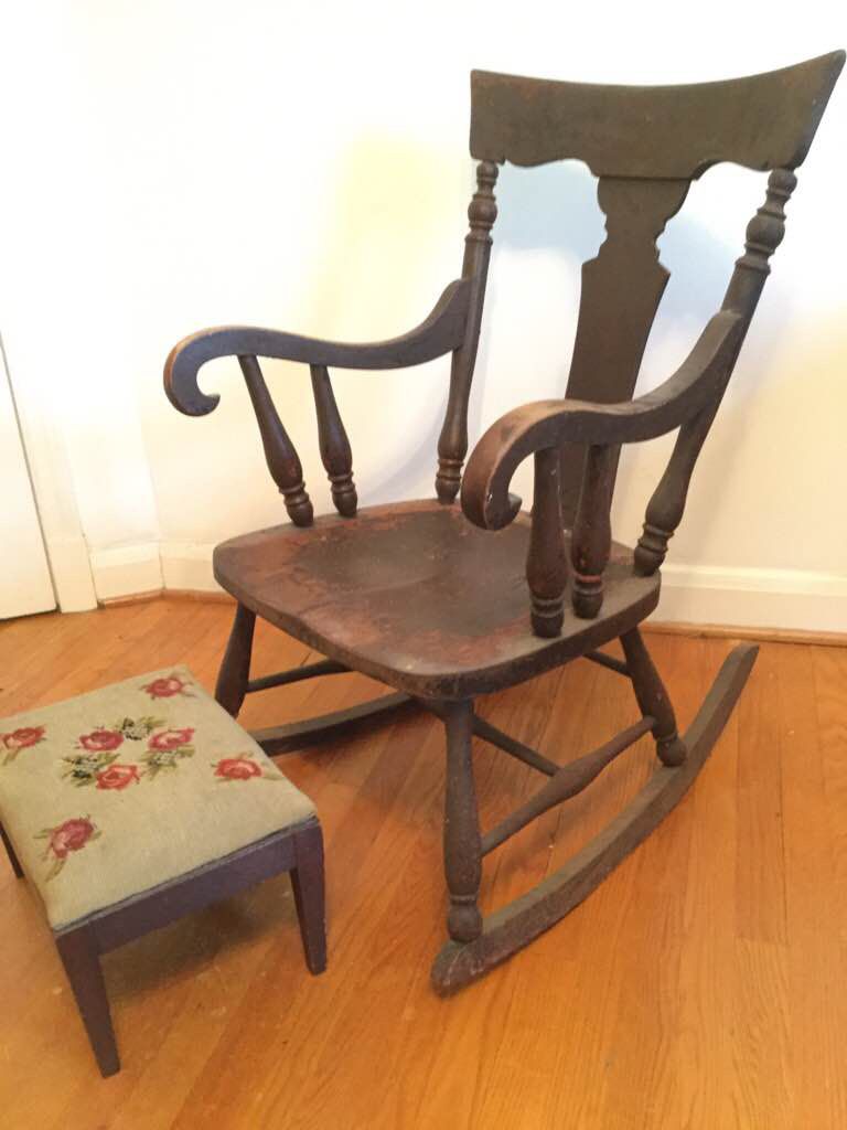Antique rocking chair and needlepoint stool