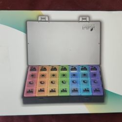 NEW- Fullicon Extra Large Weekly Pill Organizer 4 Times a Day, 7 Day Medicine Organizer. Multi Color with Symbols, Black Case