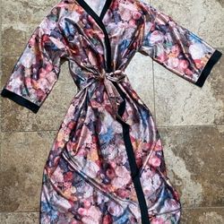 Full Length Pastel Floral Satin Belted Robe with Black Trim