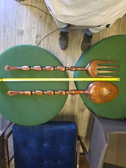 Vintage Large Wood Tiki Totem Fork Spoon Hand Carved MidCentury