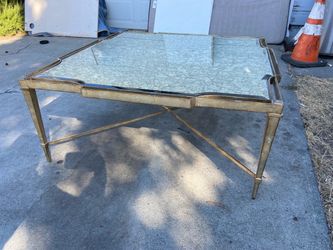 Vintage Louis XVI Style Wrought Iron And Antiqued Mirror Glass Top  Coffee Table
