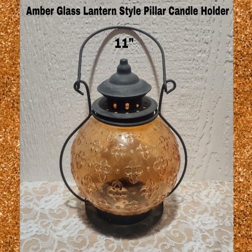VINTAGE AMBER GLASS LANTERN STYLE PILLAR CANDLE HOLDER