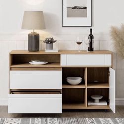 New White and Oak Color Sideboard Buffet Server Entryway Storage Cabinet Credenza 