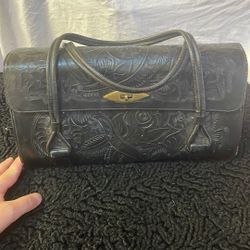 Vintage 70s Black Tooled Western Hand Bag 