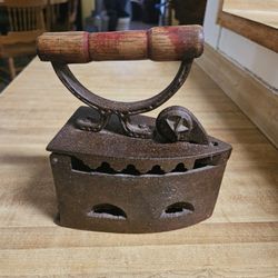 Antique Cast Iron Coal Heated Sad Iron | Wood Handle | Primitive Decor