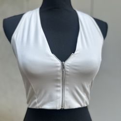 White zip-up crop top halter