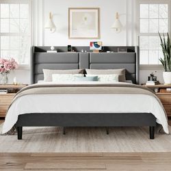 Queen Size Upholstered Platform Bed Frame with Velvet Wingback Headboard & USB Charging Ports, No Box Spring Needed, Grey