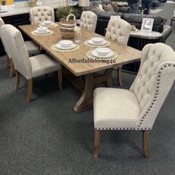 7 Pc 77” Rustic Oak Dining Table Set Brand New In Box 