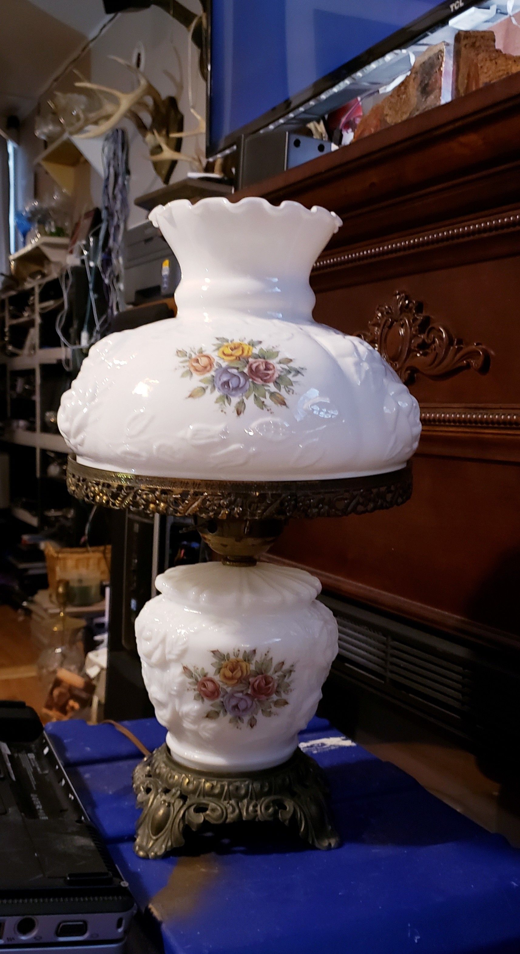 Vintage Fenton "Cabbage Rose" Pattern Hurricane Lamp