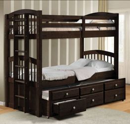 Brand New Espresso Twin Size Bunk Bed w Trundle Bed + Drawers