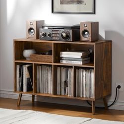 Record Player Stand, Turntables Stand with Charging Station and Vinyl Record Storage Holds up to 350 Albums, Record Stand Table for Living R